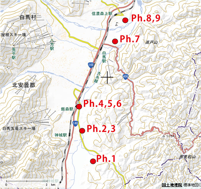 地図の赤い○印をクリックすると、現場写真がご覧になれます （上記地図画像は国土地理院 地理院地図を引用の上、加工したものを利用しています）