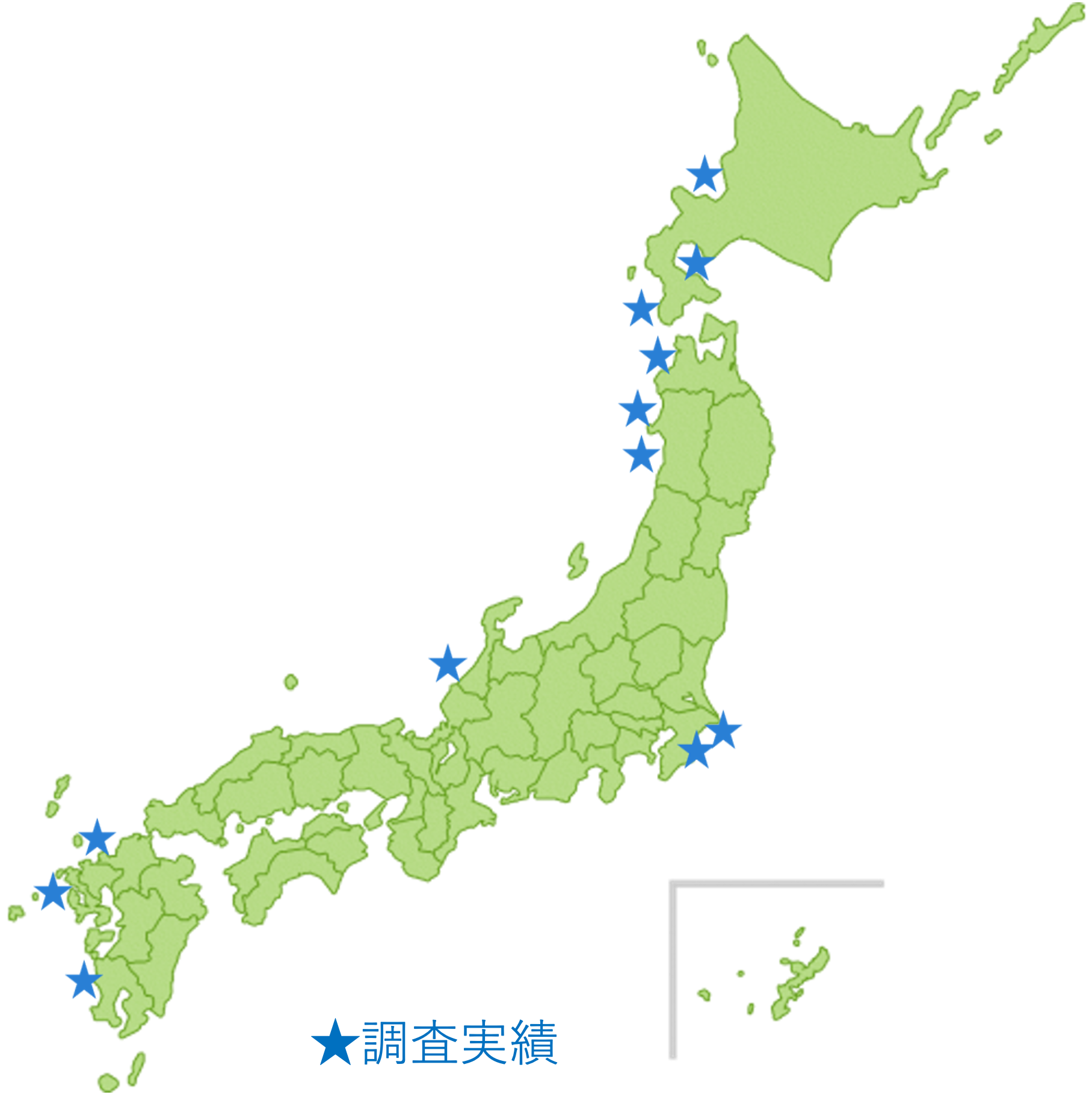 洋上風力発電事業における海上調査の実績地点を示した日本地図
