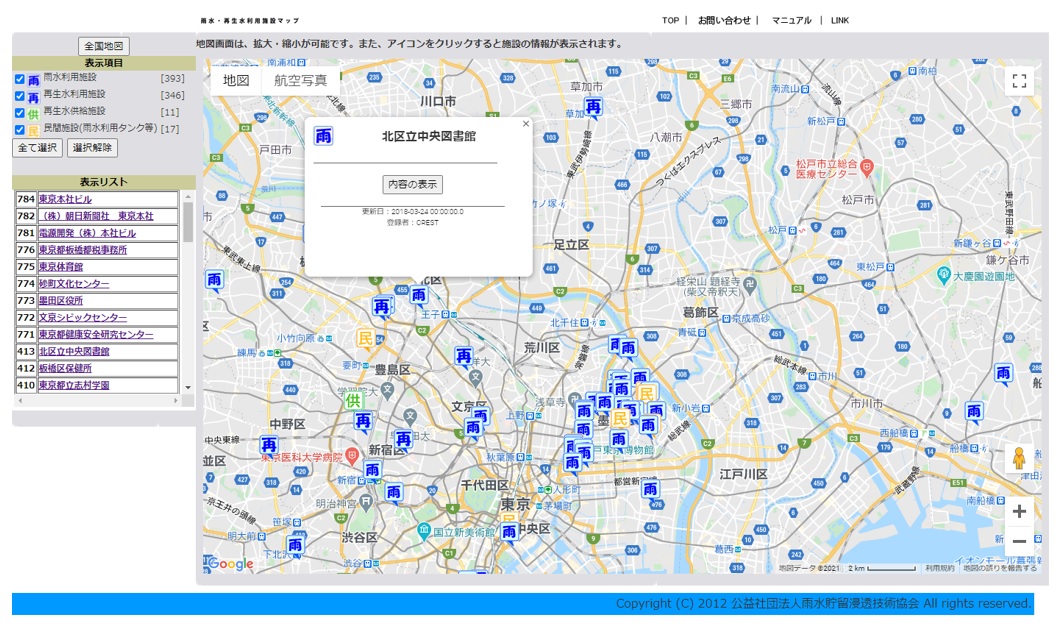 雨水・再生水利用施設等データマップ(イメージ図)